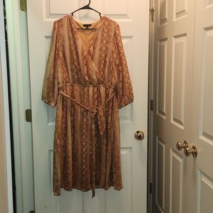 Lane Bryant Faux Wrap Belted Animal Print Dress 16 Python Snake Midi Gold Brown